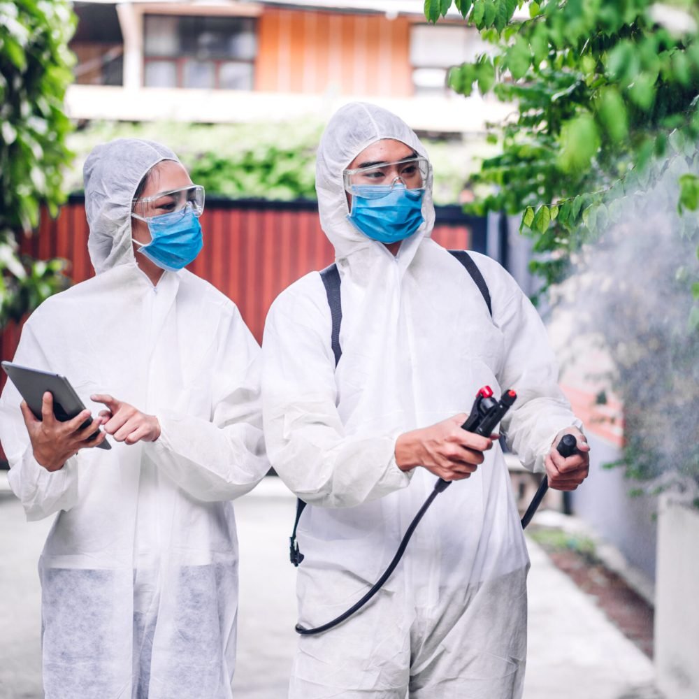 Professional teams for disinfection worker in protective mask and white suit disinfectant spray cleaning virus for help service kill coronavirus at customer home